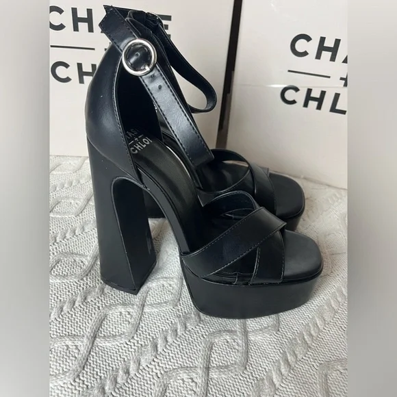 Chase + Chloe Black Strappy Adjustable Platform Heels Various Sizes - Picture 10 of 14